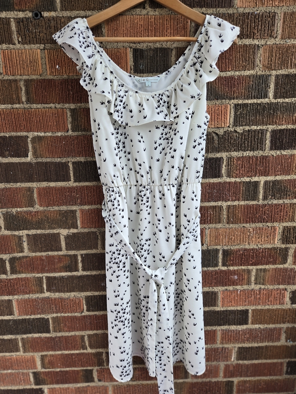 Cleo White Ruffle Neck Sleeveless Dress with Black Bird Print
